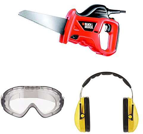 Black+Decker 400W Universal-Säbelsäge KS880EC, mit Holzsägeblatt, inkl. 3M Schutzbrille für Werkzeugmaschinen 2890S, transparent und 3M Peltor Optime™ Komfort-Kapselgehörschutz H510A (87 bis 98 dB)