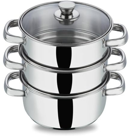 Vinod Stainless Steel 3-Tier Steamer Pot - 24 cm | Sturdy Handle & Vented Glass Lid | Induction & Gas Compatible | 2.5mm Thick Base | Multipurpose Steamer Cooking Vegetable, Momos, Dumplings
