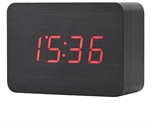 Hölzerner Wecker, Elektronischer digitaler digitaler Wecker Temperatur LED-Anzeige Töne Steuern 12-Stunden- oder 24-Stunden-Modus für Schlafzimmer(Schwarzes Holz + rotes Licht)