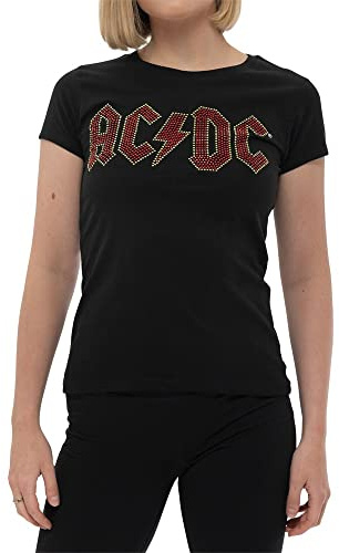 AC/DC T Shirt Full Colour Diamante Logo Official Womens Skinny Fit Black L