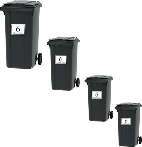 Personalised 4x Wheelie Bin Number Vinyl Stickers with Road Name and House Number 3 Size (A5 (200 x 150mm))