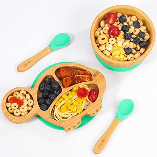 Vinsani Bamboo Turtle Plate Bowl and Spoon Set for Baby Toddler Kids Children, Suction Plate, Stay-Put Non-Slip Base Design, Hypoallergenic, Food-Grade Silicone and BPA-Free Baby Feeding Set (Green)