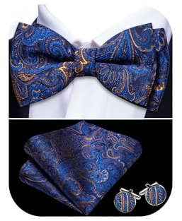 Barry.Wang Herren Paisley Seide Vorgebundene Fliege Set Einstecktuch und Manschettenknöpfe für Hochzeiten und formelle Veranstaltungen, blaue blume, Einheitsgröße