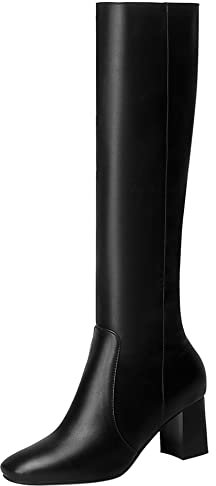 Lroey Reoly Stivali da Donna a Metà Polpaccio con Tacco a Blocco, Stivali da Vestito Tacco Medio Square Toe Boots Ufficio Zip 009 Nero Numero 45 EU