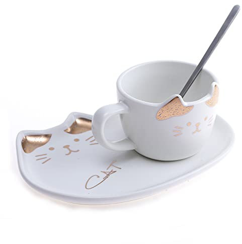 lachineuse - Tasse Chat - Design Kawaii - Support Chat et Cuillère - Blanc et Doré - Porte-Bonheur du Japon - Culture Nipponne - Décoration Japonaise - Idée Cadeau Japon Asie