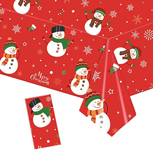 POPOYU Nappe de Noël Anti-Taches Rouge Nappes Imperméable avec Bonhomme de Neige Rectangle 137 * 274CM Décoration de Table pour Noël Party Anniversaire Nouvel an Fêtes de Fin d’année Cuisine Buffet