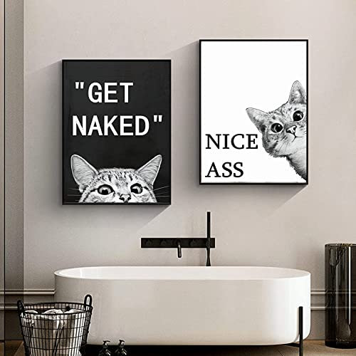 LXTOPN 2er Poster Set Badezimmer Deko Bilder - Lustige Tier Hochwertiger Kunstdruck Schwarz Weiß Katze Bilder Deko Schlafzimmer - WC Deko Leinwand Stilvolle Wandbilder-Ohne Rahme (T1, 2 * 40x60cm)