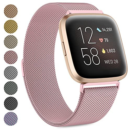 Oumida Armband für Fitbit Versa 2 Armband/Fitbit Versa Armband/Fitbit Versa Lite Armband für Damen Herren, Prämie Edelstahl Metall Ersatzarmband Armbänder mit Starker Magnet, Klein Rosa
