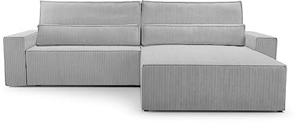 Ecksofa Denver L – Ottomane beidseitig montierbar, Ecksofa aus Cord, Couch für Wohnzimmer, Schlafsofa Sofagarnitur Eckcouch L-Form Cordstoff mit Bettkasten und Schlaffunktion (Poso 110 Hellgrau)