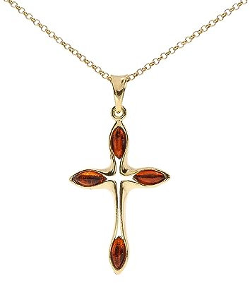 Artisana-Schmuck Bernstein Anhänger Kreuz (ohne Kette), eleganter Anhänger aus Bernstein, gefasst in 925/000 Sterling Silber vergoldet