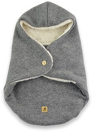 Wollwalk Einschlagdecke in grau für die Babyschale mit Teddyfell Fütterung, perfekt für den Winter, für 3 oder 5 Punkt Gurtsystem