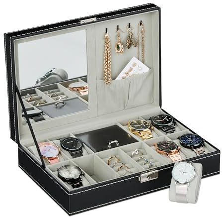 Relaxdays Uhrenbox, 8 Fächer, Uhrenkasten mit Schmuckablage, Lederoptik, Samtbezug, HxBxT: 8 x 30 x 20,5 cm, schwarz