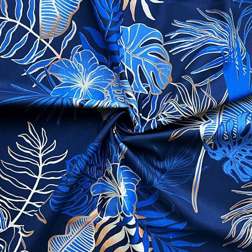Textrend Baumwollstoff Stoffe Meterware - Stoff zum Nähen - 100% Baumwolle - Baumwollstoff mit Blättern - Stoffe Meterware (Monstera und Bananenblätter mit Blumen auf einem dunkelblauen Hintergrund)