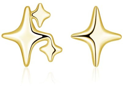 Cangall Silver Star Stud Earrings for Women, 925 Sterling Silver Triple Star Stud Earrings, Tiny Starburst Climbers Stud Earrings Gold, Cartilage Sleeper Flat Gold Crawler Star Earrings for Girls