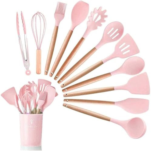 SQUADO - Set di 12 utensili da cucina in silicone, antiaderenti, resistenti al calore, con manico in legno, colore: VARI