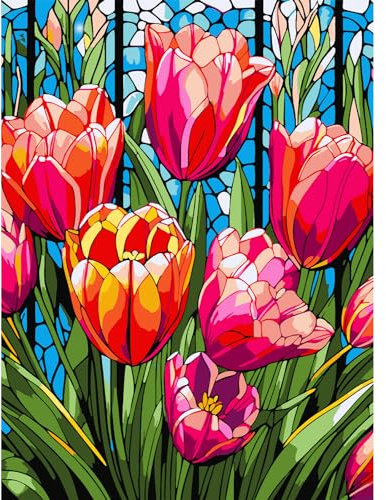 AIRDEA Tulipe Peinture Numero Adulte, DIY Kit Activité Manuelle Peinture Acrylique, Vitrail Peinture par Numero Adulte avec Pinceaux et Acryliques pour la Décoration Maison 30x40 cm (Pas de Cadre)