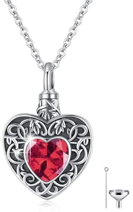 XIXLES Herz Kremation Schmuck Urne Halsketten für Asche für Frauen Männer 925 Sterling Silber Juli Rubin Kremation Anhänger Halskette Geburtsstein Memorial Geschenke Herzschmuck für menschliche Asche