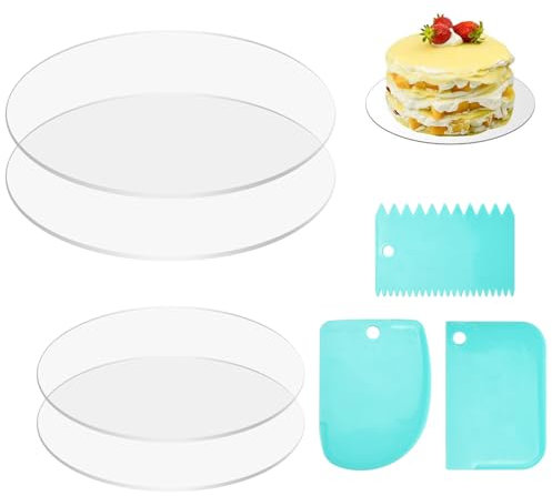 LPAMABA 4 Pièces Disque Acrylique Patisserie et 3 Grattoir Gâteau, Disque De Gâteau Transparent Assiettes Cake Board Réutilisable Planches à Gâteaux Rondes pour le Transport de Gâteaux (20cm&15cm)