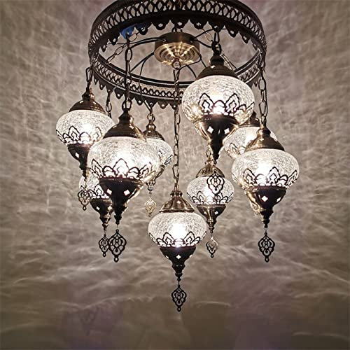 ASBEQUZBE Lampe Suspendue Boho à 9 têtes, 55,9 cm, mosaïque Turque Marocaine, câblée ou à Brancher au Mur, Lustre pour Salle à Manger, éclairage décoratif, Bar, Salon Stabilize