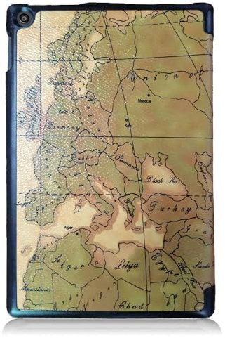 Huanghua Funda para tablet Amazon Kindle Fire HD 8 (5ª generación, versión 2015), funda delgada de piel vegana plegable con función de encendido y apagado automático (mapa marrón)