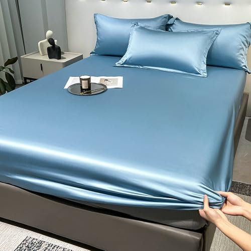 Epinki Betttuch 180x200cm Elastisch, Bettlaken Unterlage Einfarbig Blau Faltenresistent und Ausbleichen, Satin Laken für Bett Unterbett als Schutz für Boxspringbett & Topper