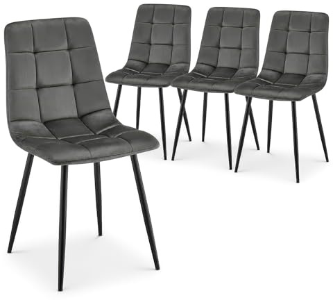 Bravich Velvet Embossed Dining Chairs Set of 4, Grey High Back Upholstered Fabric Room Chairs with Metal Legs, Modern Kitchen Chairs for Bedroom, Dressing Table and Vanity