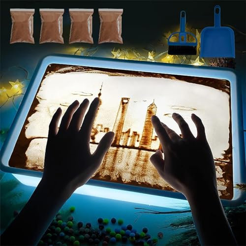 Sandmalerei Lichtkasten für Kinder,Dynamische Sandbild,Bewegende Sandkunst,Fließende Sandmalerei,Sandtablett Set für Kinder,Sandmalerei Lichtkasten,für Kinder Sand Sensory Spielzeug ab 3 Jahr