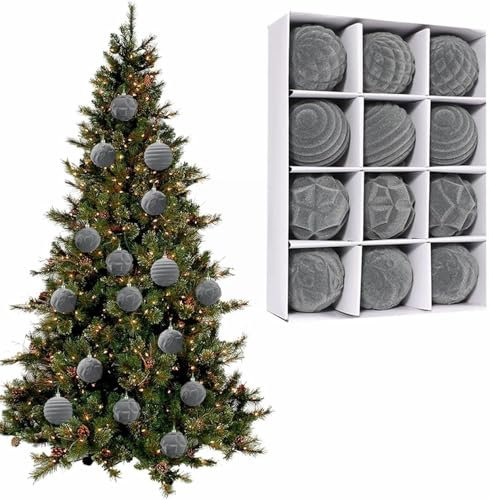 Beflockte Christbaumkugel – Weiche Christbaumkugel-Ornamente | Packung Mit 12 Weihnachtskugeln Aus Samt, Stabiler Hängender Weihnachtsbaumschmuck for Weihnachtsdekorationen(Grau)