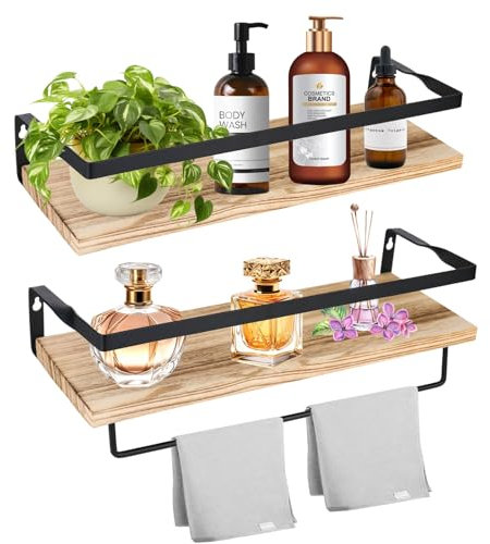 Trendecor Wandregal Holz, 2er Set Küchenregal Wand mit Handtuchhalter 40cm Hängeregal Dekorative Wandregale Schweberegal Rustikal für Küche, Badezimmer, Waschküche, Wohnzimmer usw