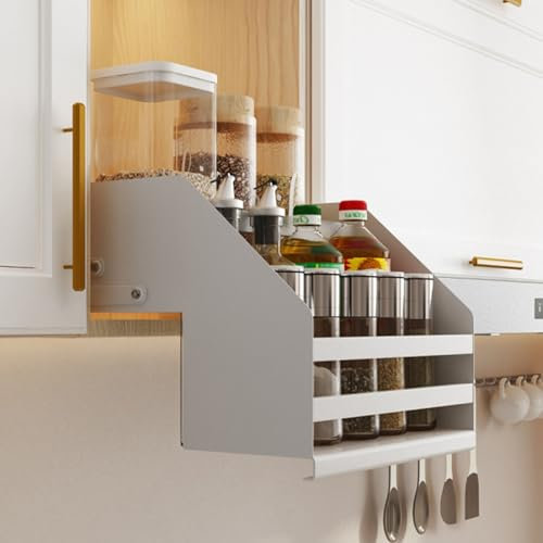 XMWOEIX Ausziehbarer Schrank-Organizer mit 2 Ebenen, herunterziehbares Regal, blindes ausziehbares Besteck- und Gewürzregalsystem, platzsparendes Innenbrett für Küchengeräte, Lift-Oberschrank