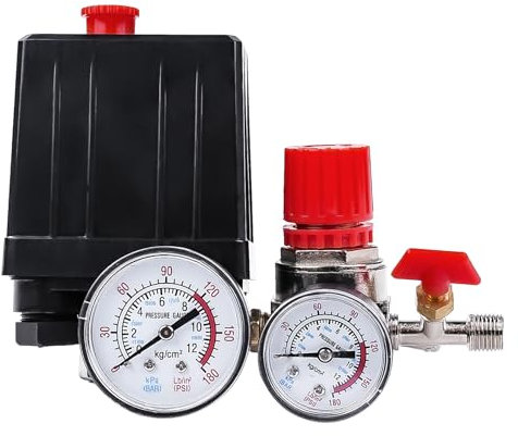 Druckschalter Kompressor, Druckregler Luftkompressor Schalter, Kleiner Kompressor Druckschalter Steuerventil 4 Anschluss Verteiler Entlastungsregler mit Manometern für schnellen Druckabbau