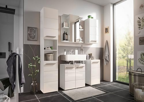 moebel-dich-auf Badezimmer Badmöbel Vail Korpus Viking Oak 5-St., Hochschrank, Spiegelschrank, Wbu, Set 1 (Weiß Hochglanz)
