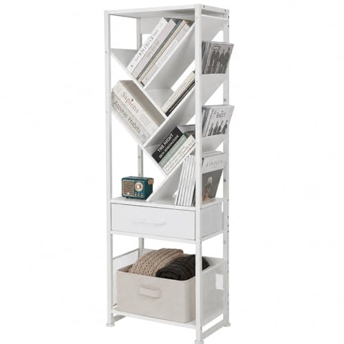 ruboka Tree Bookshelf with Side Table, Tall Bookcase with Storage Cabinet, Floor Standing Modern Narrow Bookshelves Organizer for Bedroom/Living Room/Home Office/Corner (White, 8 Tier)