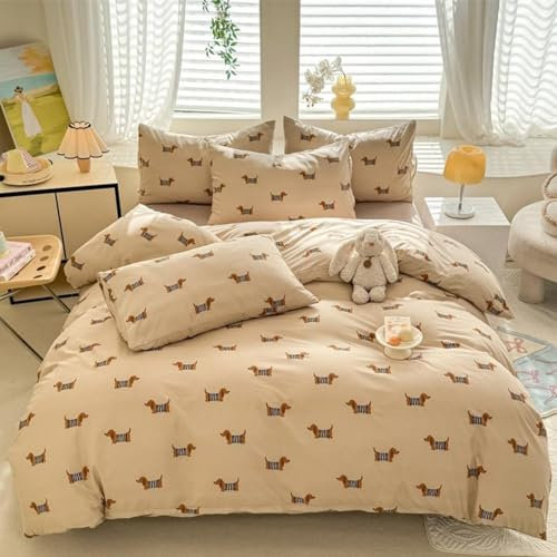 Freyamy Bettwäsche 135x200cm 4teilig Khaki Braun Dackel Kinderbettwäsche Microfaser Mädchen Teen Bettwaren-Sets Dackelmuster Deckenbezug 2 Bettbezug mit Reißverschluss und 2 Kissenbezug 80x80cm
