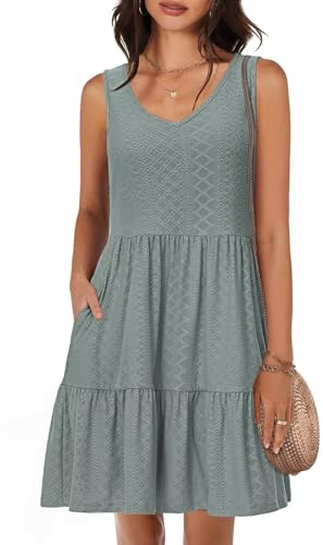 Tanmolo Sommerkleid Damen Knielang,V-Ausschnitt Taschen | Kleid Damen Sommer Kurz, Strandkleid, ärmellos. Swing, elastisch, Knielang, Taschen, V-Ausschnitt. Urlaub