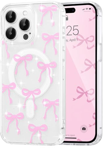 UEEBAI Magnetisch Hülle für iPhone 14 Pro Max, Niedliche Glitter Tansparent Handyhülle mit Schleife Schutzhülle mit Kabelloses Laden, Weiche Bumper Cover Case für Frauen Mädchen, Glitzer Rosa