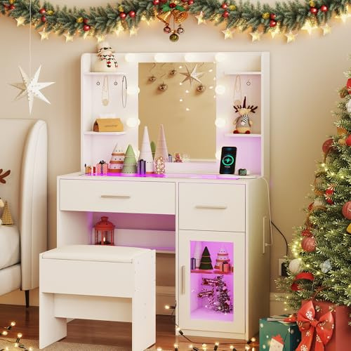 YOSHOOT Dressing Table with Bulb Lighting Mirror, Glass Top Charging Station, Vanity Table with 2 Drawers, Side Cabinet, Makeup Desk with Upholstered Stool for Cloakroom and Bedroom,90*40*140cm（White）