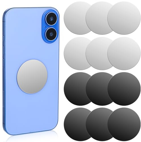TIESOME 12 PCS Thin Metal Plates Replacement, Mount Plate Kits with Strong Adhesive Metal Plates for Mobile Magnetic Phone Car Holder Compatible with Magnetic Car Mount etc Silver & Black