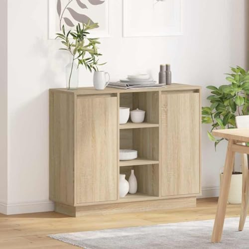 Hoopleep Modern Sideboard Cabinet with LED Strip Lights, Sonoma Oak Finish, 90x32x75 cm Wood Composite, Storage Organizer for Living Room, Dining Room, Bedroom, Easy Assembly
