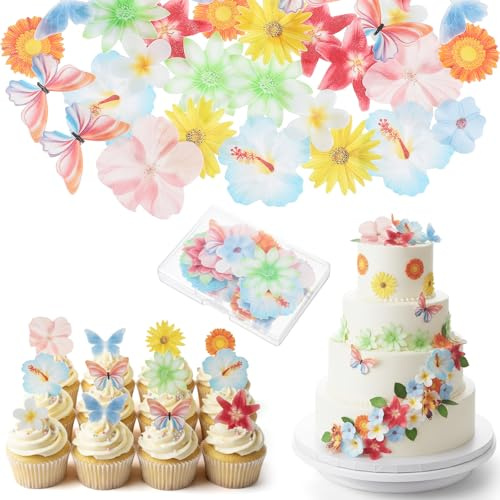 DOPENSPI 60 Stück Essbare Blumen Schmetterling, Tortendekos Essbar Cupcake Topper für Torte Oblatenpapier Tortendeko Blumen Esspapier Tortendeko Kuchen Deko für Hochzeit Geburtstag Muffin Deko