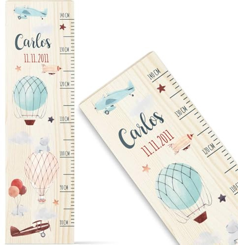 GRAVURZEILE Messlatte für Kinder aus Holz - Heißluftballon - Personalisiert mit Namen für Kinderzimmer - Skala misst 80-140 cm - Größe 20 x 70 x 2 cm - Geschenk zur Geburt für Mädchen & Jungen