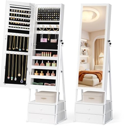 Bonnlo Full Length Mirror with Storage | Standing Mirror with Jewelry Cabinet & 2 Drawer | White Mirror Cabinet for Bedroom | Jewelry Organiser with Lock & Keys