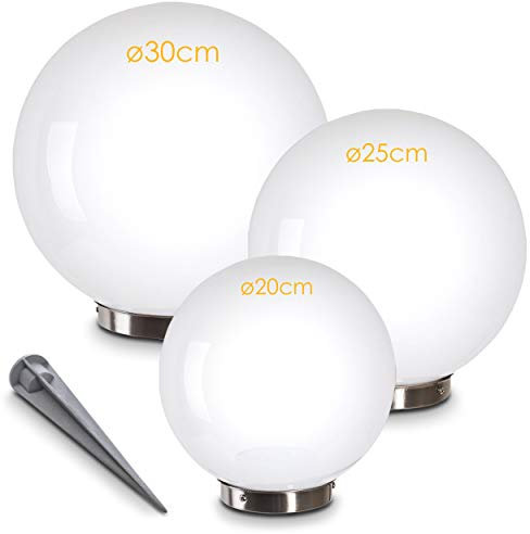 HOFSTEIN Solarleuchte Nassau, Kugellampe 3er Set, Kugelleuchten aus weißem Kunststoff, Ø 20, 25 und 30 cm mit Erdspiess, Außenleuchten mit Ein/Aus-Schalter, Solarlampen mit Dämmerungsschalter