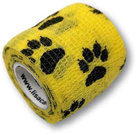 LisaCare kohäsive Fixierbinde - 2 Rollenpflaster 5cm breit Pfote gelb | Verband+selbstklebend für Haustiere & Pferde - atmungsaktiv, elastisch - Wundverband, Fixierverband, Pflaster