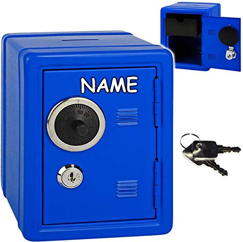 alles-meine.de GmbH Spardose - Tresor Schrank - blau - inkl. Name - mit Zahlenschloss/Kombinationsschloss - aus Metall - stabile Sparbüchse für die Reisekasse - Geldtresor/Ge..