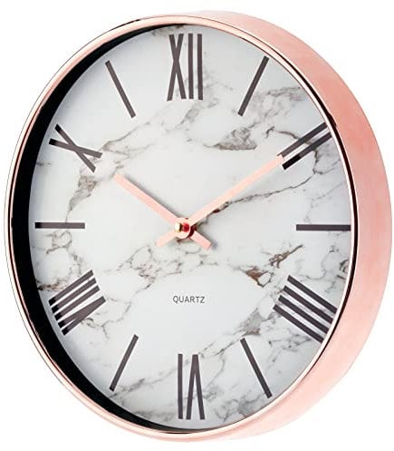 mDesign Wall Clock with Elegant Hands – Vintage Wall Decor Clock with Black Numbers and Marble Patterned Background – Large Clock for Kitchen, Living Room or Office – Rose Gold