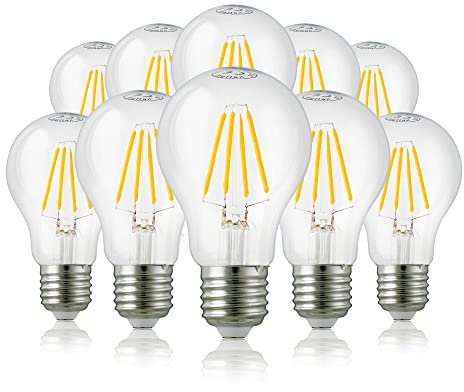 hellum LED Glühbirne E27 dimmbar, E27 7W warmweiß LED Lampe mit 806 Lumen LED Filament, E27 Vintage Led Leuchtmittel ersetzt 60-Watt Glühbirne, 2700 Kelvin warmweiss Klar, 206517 10er Pack