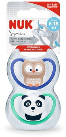 NUK Space Baby Schnuller | 6-18 Monate | Schnuller mit extra Belüftung | BPA-freies Silikon | verschiedene Farben (nicht wählbar) | 2 Stück