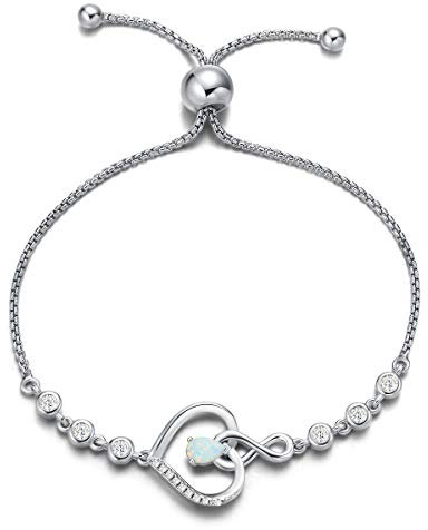 Agvana Damen Armband Herz, 925 Sterling Silber Infinity Armband Geburtsstein Armbänder, Oktober Geburtsstein Erstellt Opal Verstellbare Armband Edlen Schmuck Geschenk für Frauen