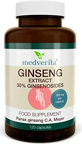 Medverita - Ginseng 30% Ginsenoside-Extrakt - 300mg Extrakt pro Kapsel - Nahrungsergänzungsmittel mit Pflanzenextrakten - 2 Kapseln pro Tag - 120 Kapseln